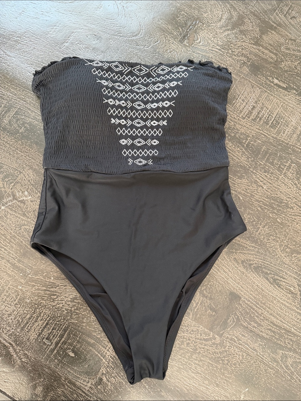 aerie Black Strapless One-Piece Swimsuit with White Embroidery